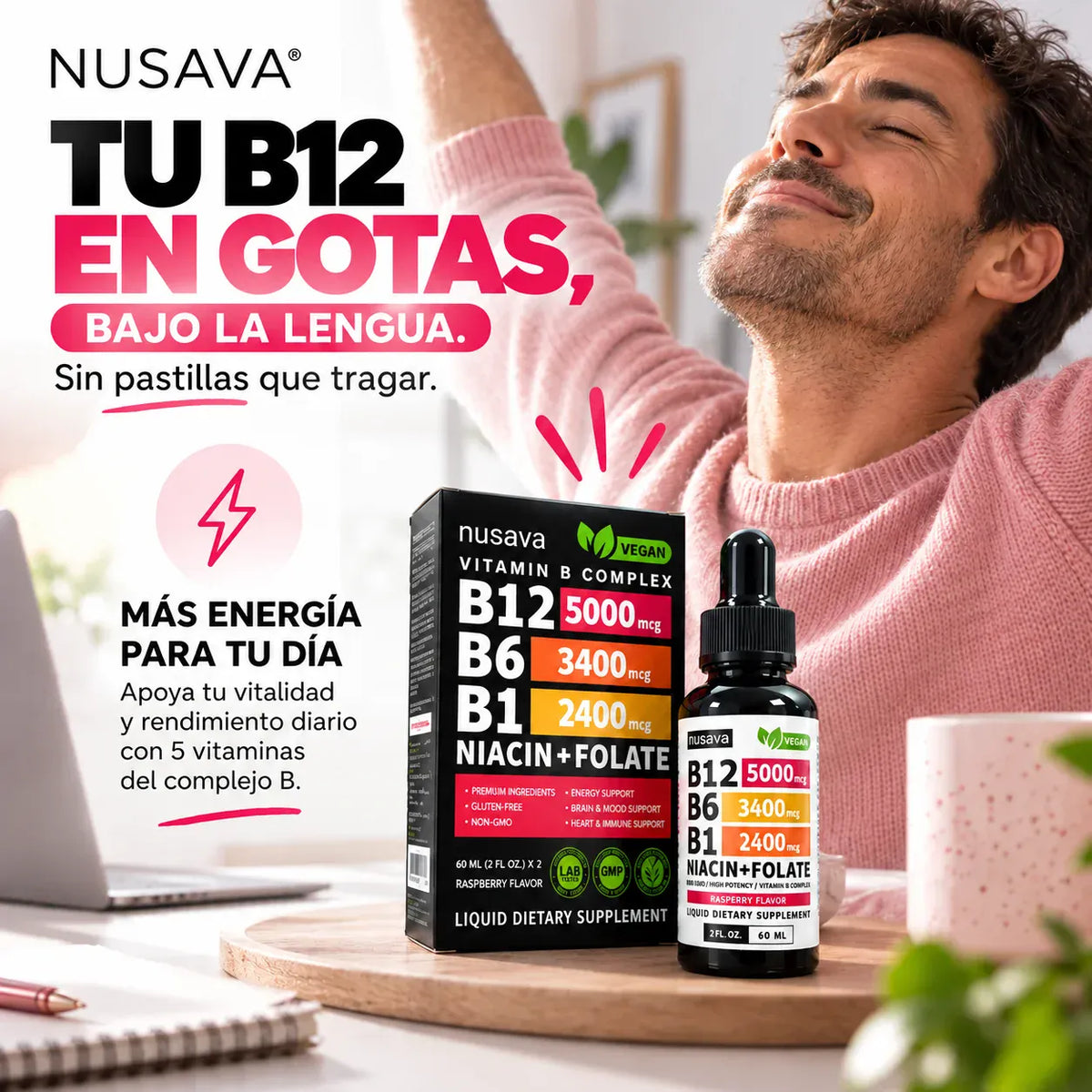 Nusava - Tu B12 en gotas, bajo la lengua. Sin pastillas que tragar.